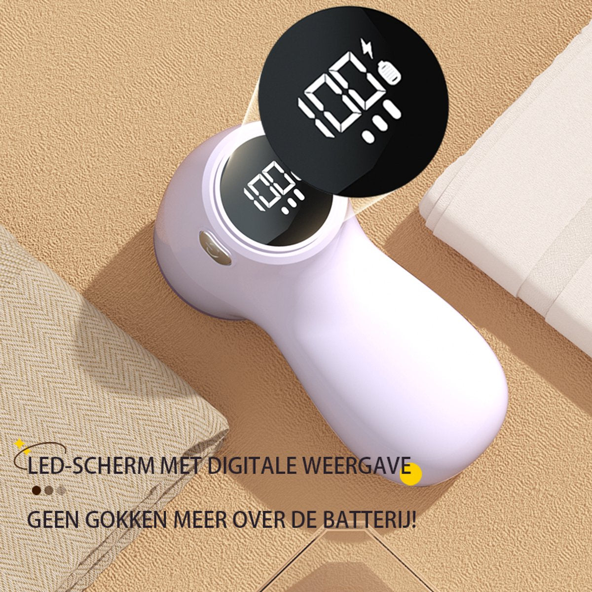 Rechargeable Lint Remover with Display - Lint Remover - Suction and Shave Function - Lint Remover - Type-C Charging - 3 Working Modes & 6-Blade System - Beige