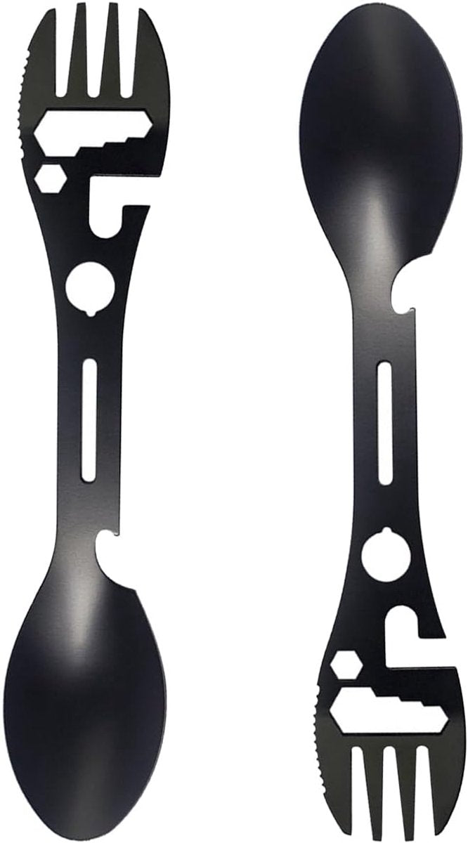 Stainless Steel Spoon and Fork - 10-in-1 Multitool - Works as a combination spoon, fork, knife, bottle opener and wrench - Ideal for picnics, travel, backpacking, hiking and fishing - Black
