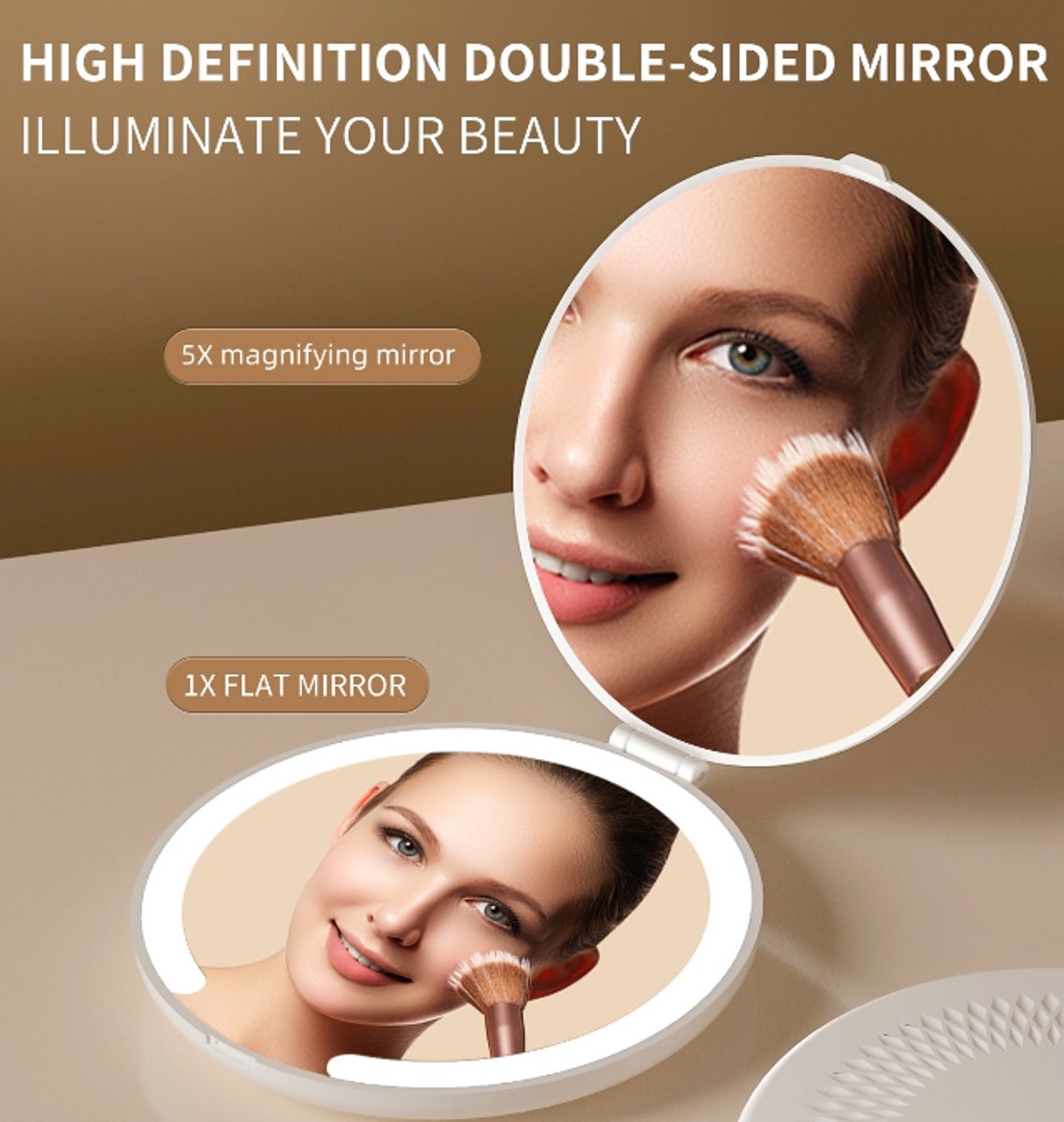 Make-up mirror - Mini mirror with light - 1x/5x magnification - 10 cm - Rechargeable - Suitable for wallets, pockets, travel and as a gift (White)