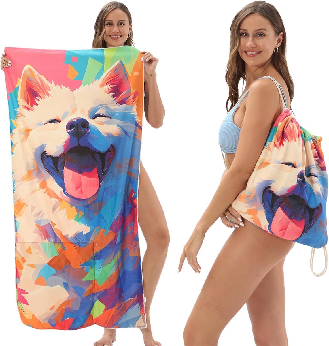 Beach Towel - 2-in-1 Foldable Beach Towel Backpack - Printed Bath Towel - Convertible Beach Mat & Carry Bag - Perfect Companion for Camping, Yoga & Travel（Pup）
