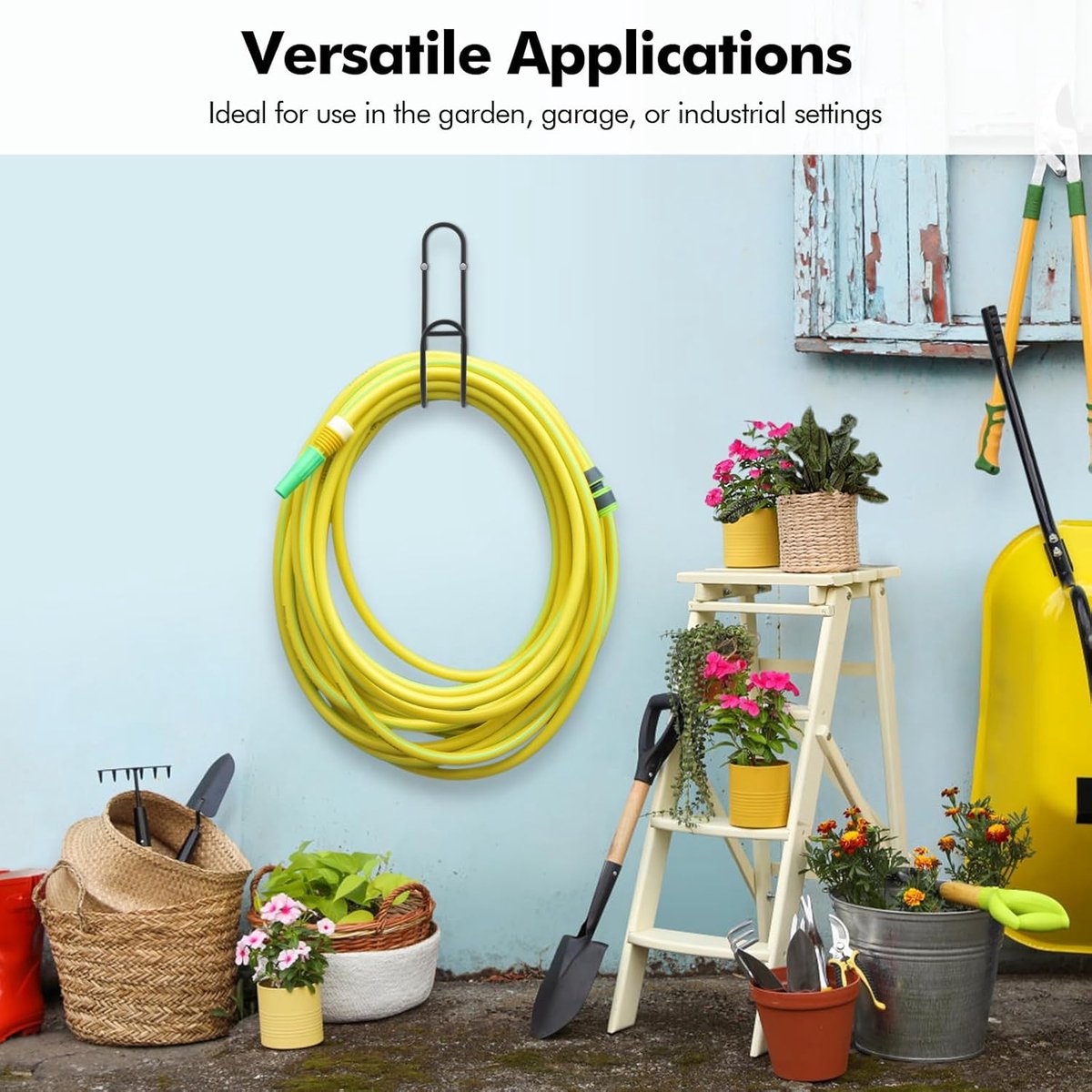 Garden Hose Hanging System - Wall Mount for Neat Storage - Stainless Steel Frame - Black