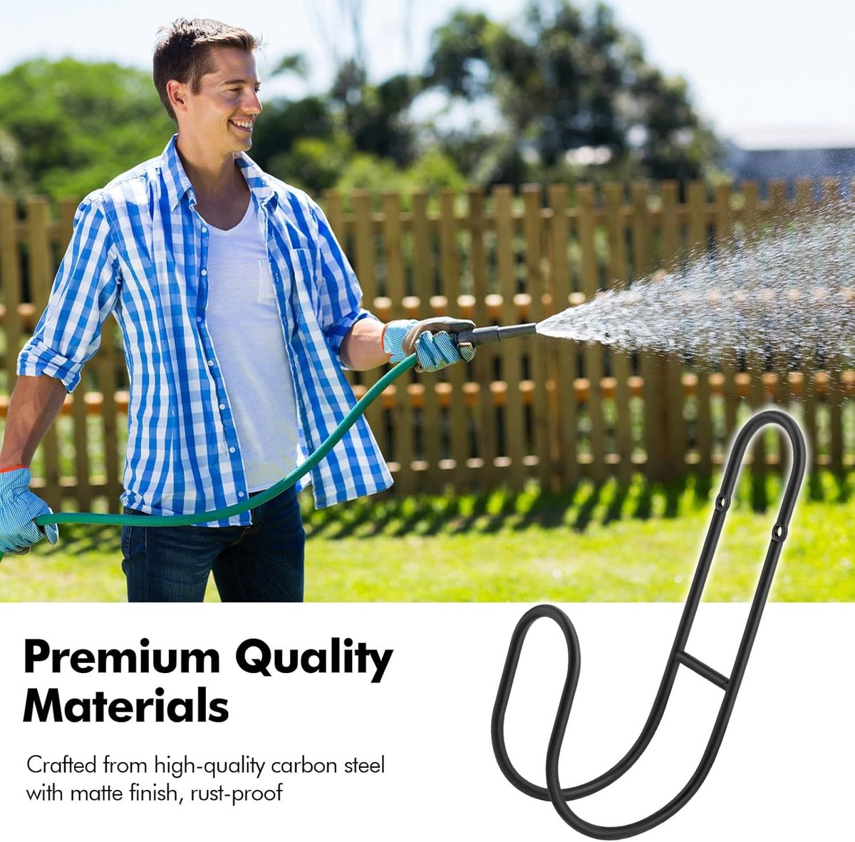 Garden Hose Hanging System - Wall Mount for Neat Storage - Stainless Steel Frame - Black