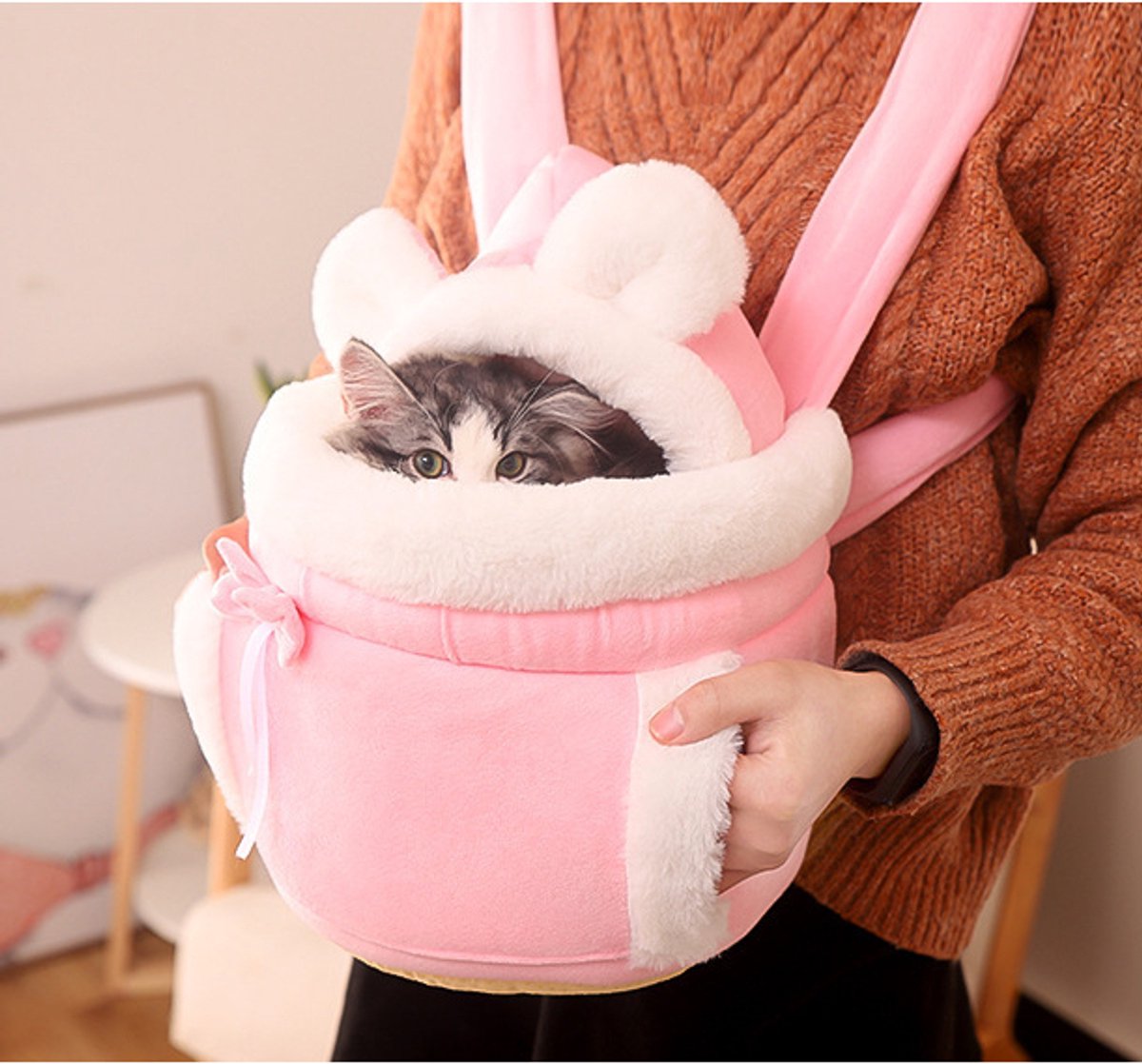 Cat Bed - Backpack for Pet Travel - Can be used as a cat basket indoors - Side pockets to keep your hands warm - Wide shoulder straps - Best choice for traveling with small pets (Pink, Size M: 25*25*21)