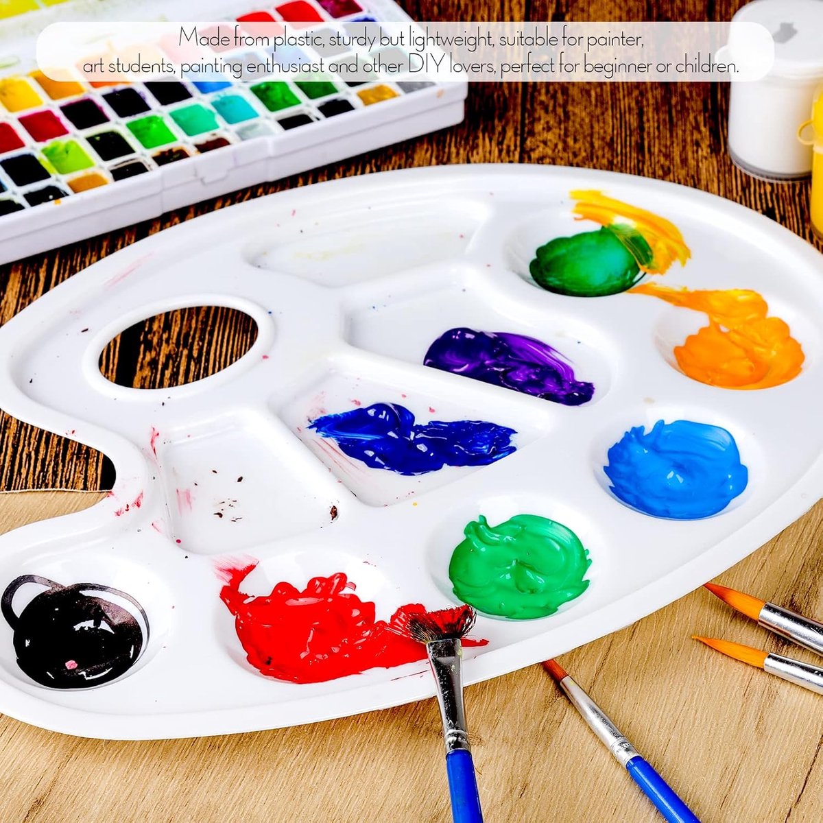 Two-piece oval paint palette - plastic paint tray - palette with thumb hole - suitable for adults and children - perfect for painting or DIY craft lessons - white
