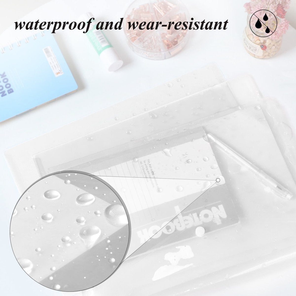 Waterproof folder - Plastic envelope - 12-pack - Transparent A4 letterhead size - with snap closure - Suitable for schools and offices.