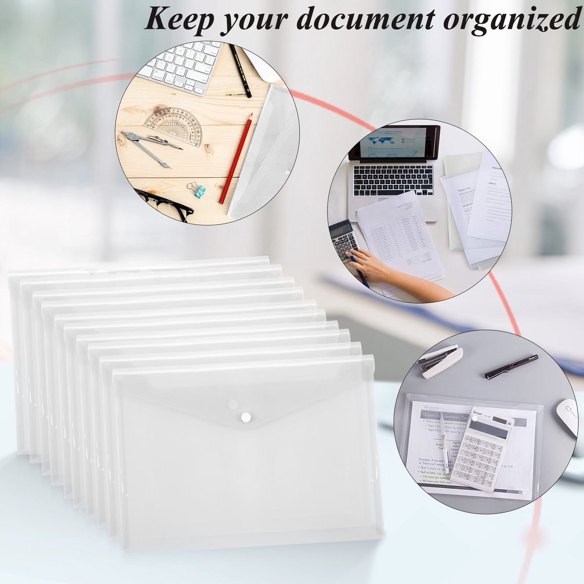 Waterproof folder - Plastic envelope - 12-pack - Transparent A4 letterhead size - with snap closure - Suitable for schools and offices.