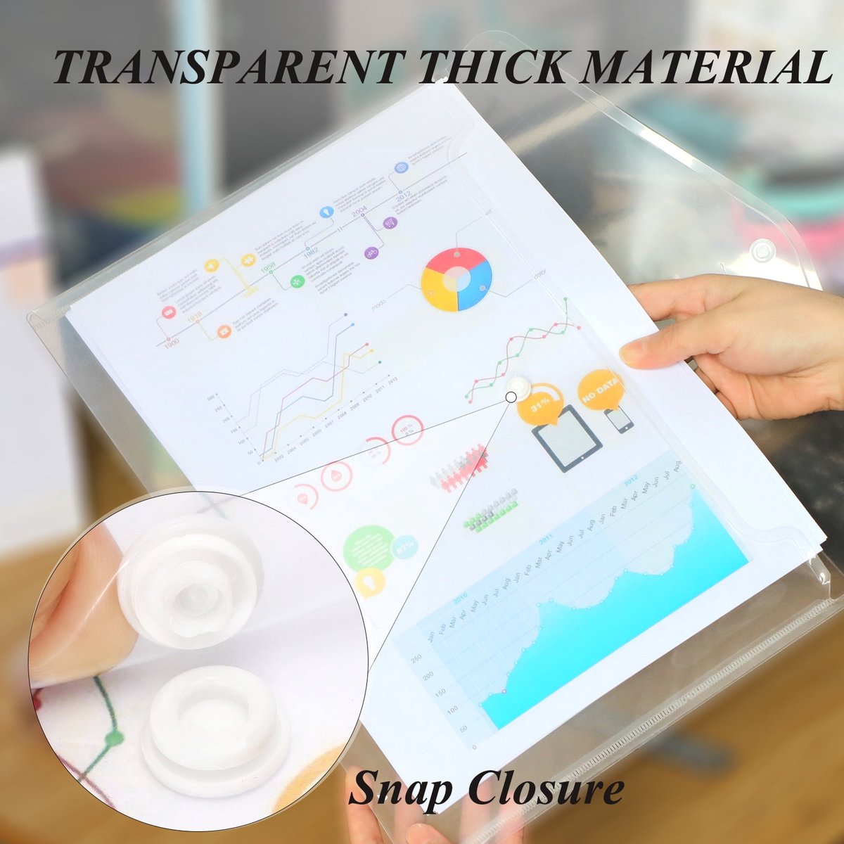 Waterproof folder - Plastic envelope - 12-pack - Transparent A4 letterhead size - with snap closure - Suitable for schools and offices.