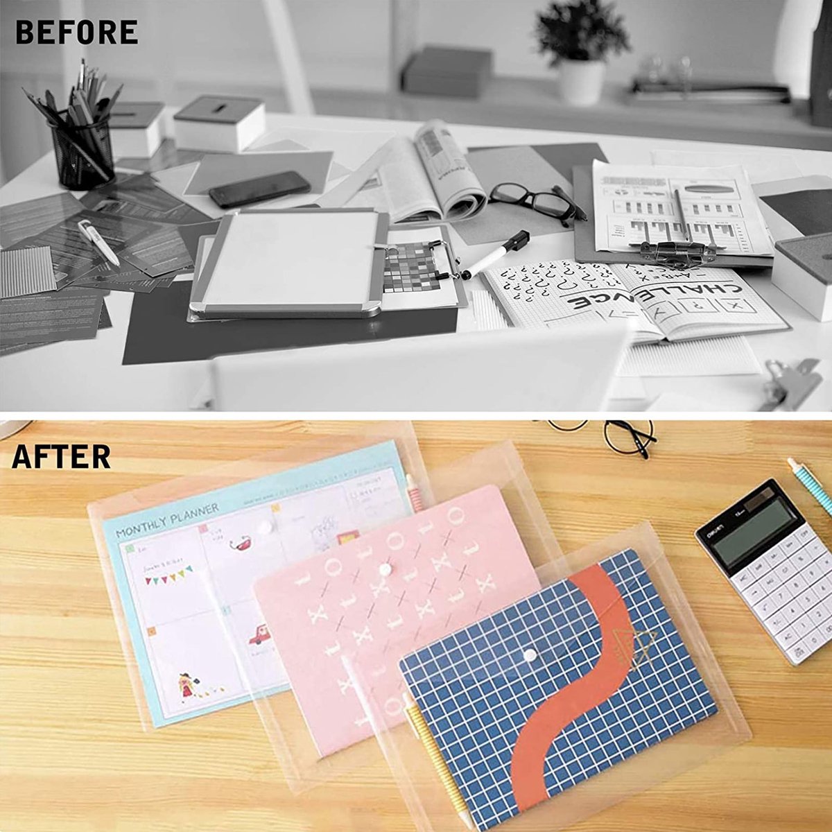Waterproof folder - Plastic envelope - 12-pack - Transparent A4 letterhead size - with snap closure - Suitable for schools and offices.