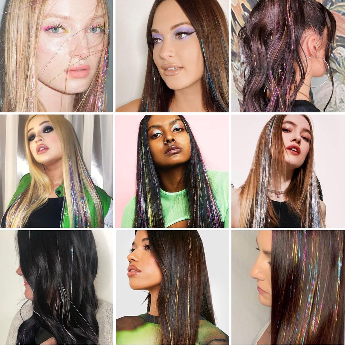 Hair Tinsels - Festival Hair Extensions - Glitter Hair Extensions - 12-Piece Clip-On Hair Accessory Set - 52cm Long, Christmas and New Year Glitter Hair Extensions, Suitable for Women, Girls and Children (Silver)