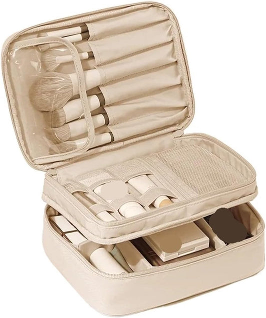 Makeup Bag - Cosmetic Storage Bag - Travel Bag - Large Capacity Makeup Bag - Women's Toiletry Bag - Portable Makeup Bag with Brush Holder and Compartments (Double-Layered Beige)