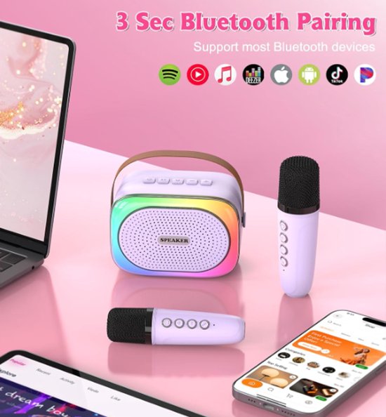 Karaoke set for kids - Portable Bluetooth speaker for car - Equipped with 2 karaoke microphones - Voice changer and LED lights - Ideal birthday gift for teenagers and children - Purple