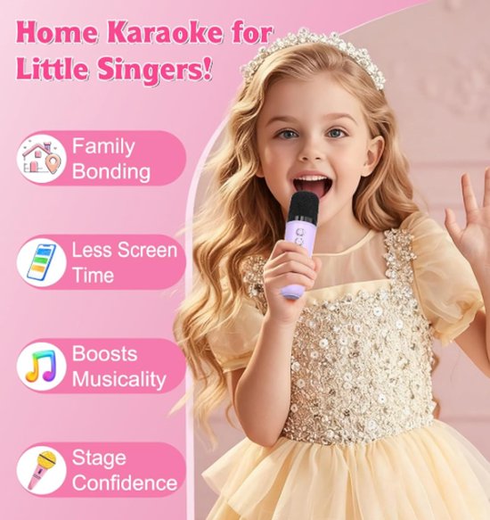 Karaoke set for kids - Portable Bluetooth speaker for car - Equipped with 2 karaoke microphones - Voice changer and LED lights - Ideal birthday gift for teenagers and children - Purple