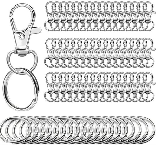 Small Stainless Steel Keychains - 100 Pieces Carabiner Keychains - DIY - DIY Ring - Snap Closure with Turning Button - (Silver)