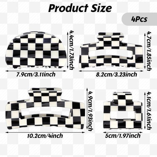 Checkered Claw Clips - Thick Hair - Fine Hair - Curly Hair - Straight Hair - Long Hair Non-Slip Clips - Simple Style Black and White Square Claw Clips - Set of 4 Hair Accessories for Women