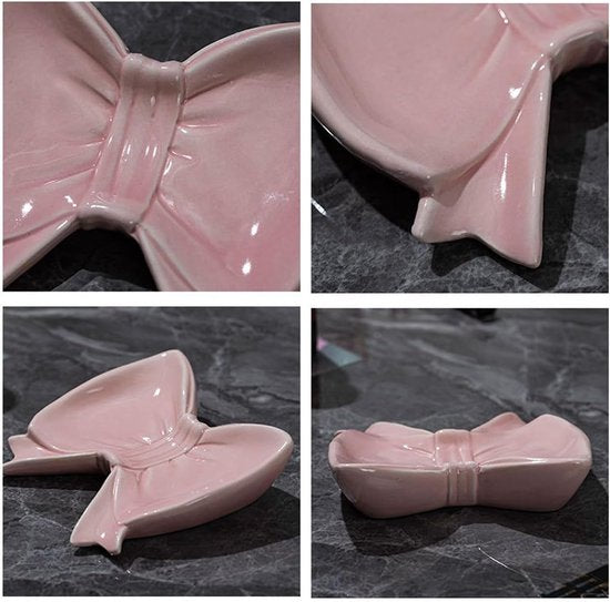 Bow Soap Dish - Ceramic Soap Organizer with Pink Bow - Bathroom Decor, Sponge Holder for Sink, Jewelry Storage Box, Bathroom Countertop Accessories (Pink)