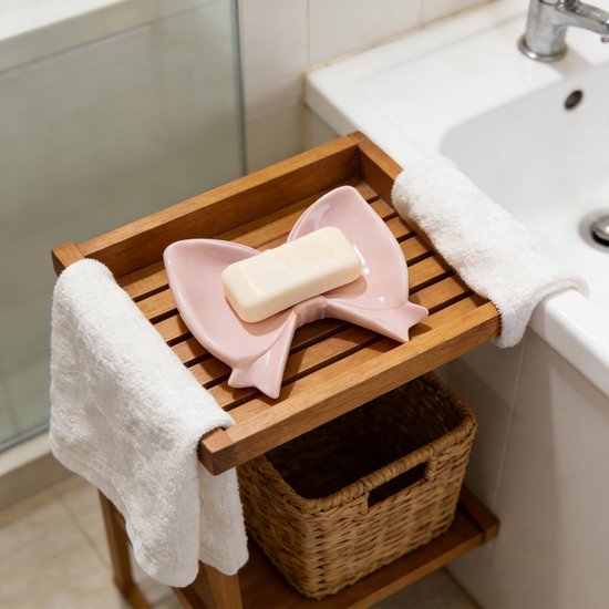 Bow Soap Dish - Ceramic Soap Organizer with Pink Bow - Bathroom Decor, Sponge Holder for Sink, Jewelry Storage Box, Bathroom Countertop Accessories (Pink)
