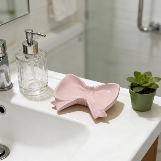 Bow Soap Dish - Ceramic Soap Organizer with Pink Bow - Bathroom Decor, Sponge Holder for Sink, Jewelry Storage Box, Bathroom Countertop Accessories (Pink)