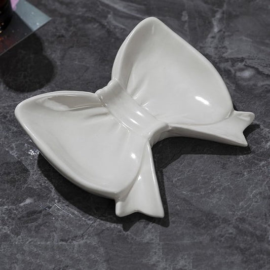 Bow Soap Dish - Ceramic Soap Organizer with Pink Bow - Bathroom Decor, Sponge Holder for Sink, Jewelry Storage Box, Bathroom Accessories for Countertop (White)