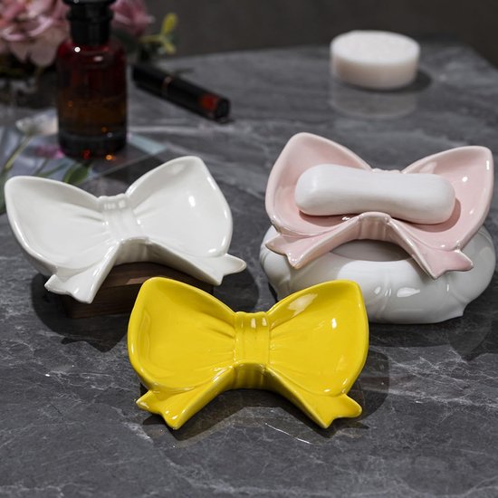 Bow Soap Dish - Ceramic Soap Organizer with Pink Bow - Bathroom Decor, Sponge Holder for Sink, Jewelry Storage Box, Bathroom Countertop Accessories (Yellow)