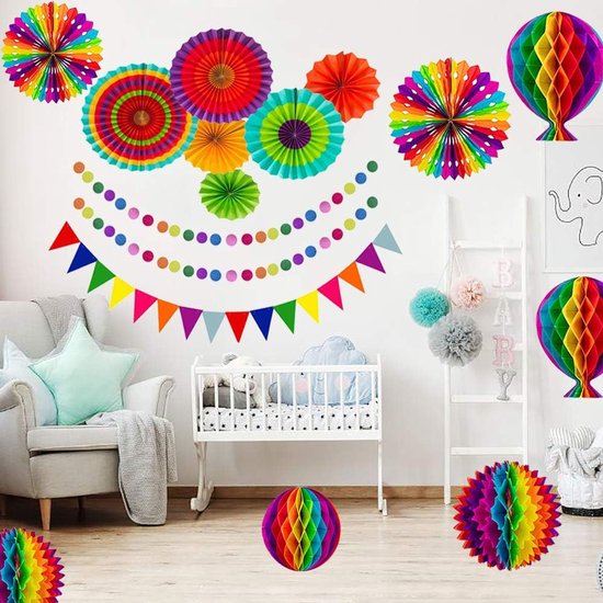 Rainbow Party Decoration Set - Complete with Paper Fans, Honeycomb Balls & Streamers - For Birthdays & Weddings
