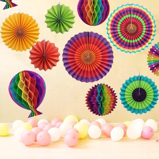 Rainbow Party Decoration Set - Complete with Paper Fans, Honeycomb Balls & Streamers - For Birthdays & Weddings