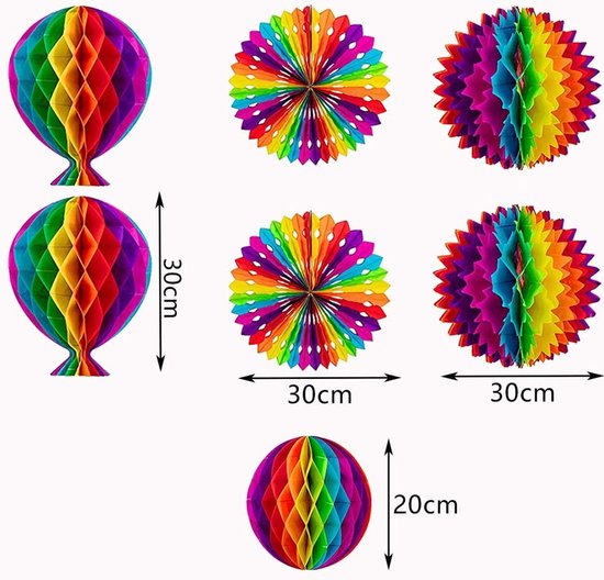 Rainbow Party Decoration Set - Complete with Paper Fans, Honeycomb Balls & Streamers - For Birthdays & Weddings