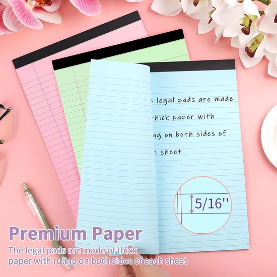 Coloured notepads, set of 3 writing pads 29.5 x 21.4 cm, with micro-perforation and sturdy back, broad lines, 50 sheets per pad, ideal for school, university, office and professional use (blue/pink/green)