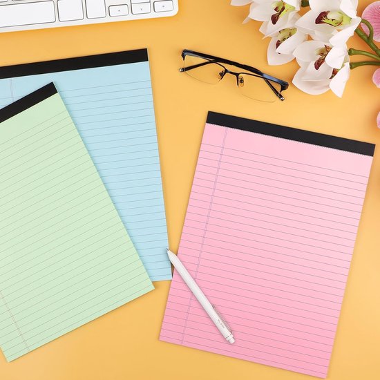 Coloured notepads, set of 3 writing pads 29.5 x 21.4 cm, with micro-perforation and sturdy back, broad lines, 50 sheets per pad, ideal for school, university, office and professional use (blue/pink/green)