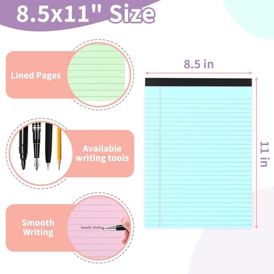Coloured notepads, set of 3 writing pads 29.5 x 21.4 cm, with micro-perforation and sturdy back, broad lines, 50 sheets per pad, ideal for school, university, office and professional use (blue/pink/green)