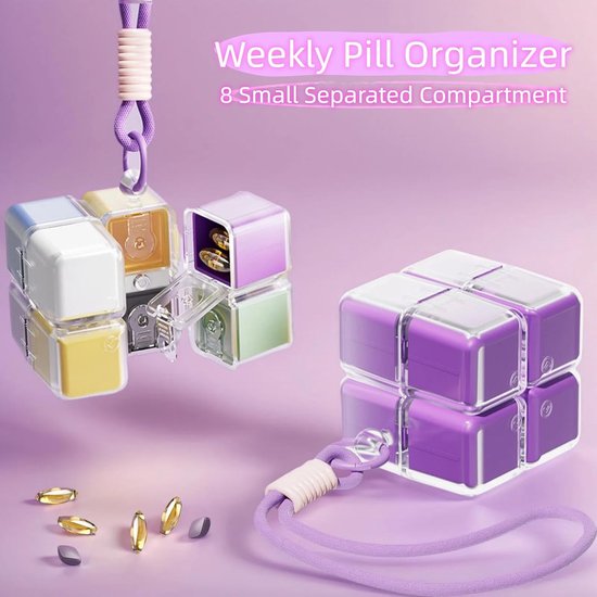 Medicine box - 7-day medicine box - Weekly pill box - Portable pill box for travel - Easy to open - 8 compartments - For storing vitamins and medicines - Purple
