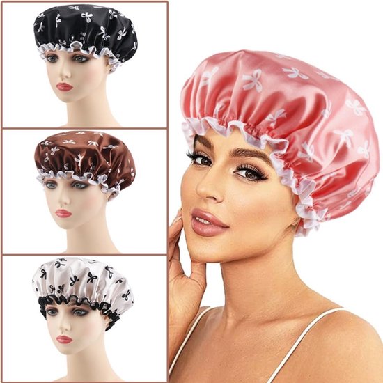 Double Layer Waterproof Shower Cap for Women & Girls – Reusable, Elastic & Comfortable with Print (Pink)