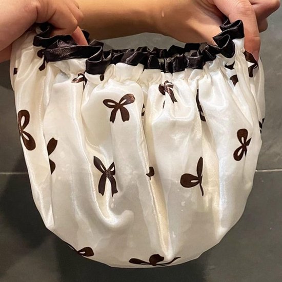 Double Layer Waterproof Shower Cap for Women & Girls – Reusable, Elastic & Comfortable with Print (White)