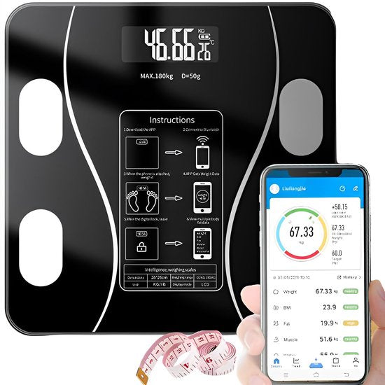Smart Scale with Body Analysis - Measures BMI, Fat & Muscle Mass - USB Rechargeable - Up to 180 kg - Black