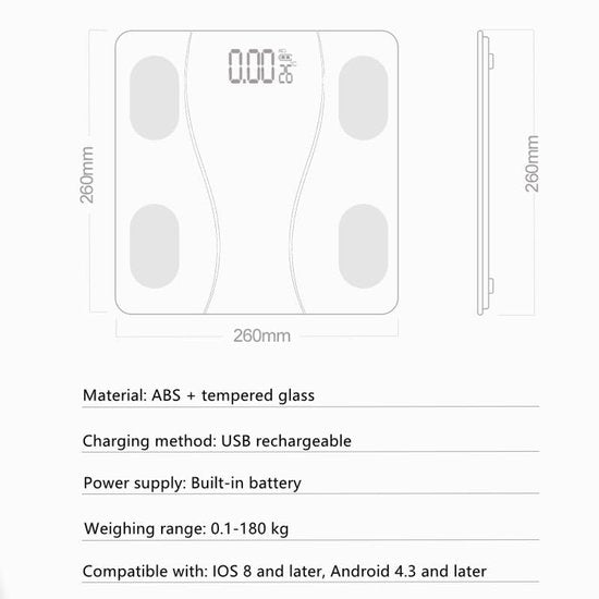 Smart Scale with Body Analysis - Measures BMI, Fat & Muscle Mass - USB Rechargeable - Up to 180 kg - Black