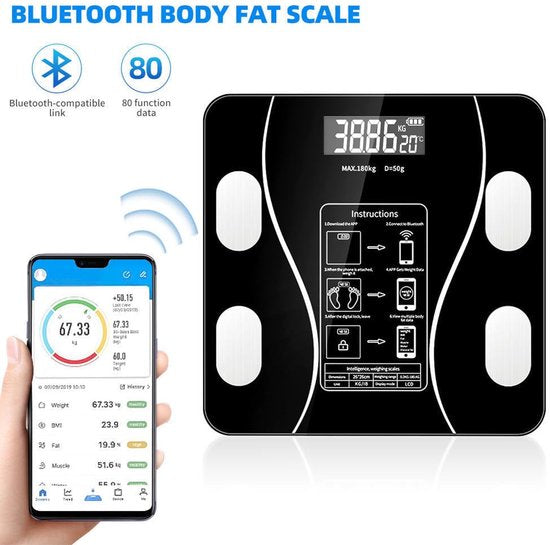 Smart Scale with Body Analysis - Measures BMI, Fat & Muscle Mass - USB Rechargeable - Up to 180 kg - Black