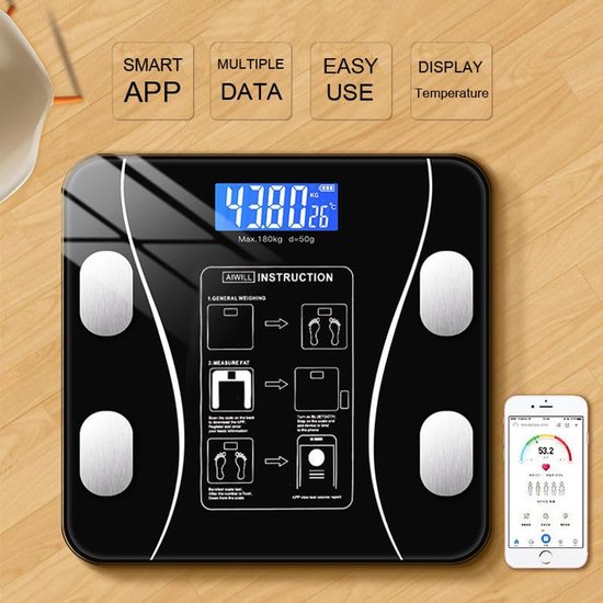 Smart Scale with Body Analysis - Measures BMI, Fat & Muscle Mass - USB Rechargeable - Up to 180 kg - Black