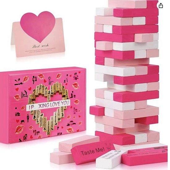 Block Tower Jenga Game - Jenga for Couples - Valentine's Day Tumbling Tower Jenga Game - Party Favor for an Adult Couples Night Out - Pink