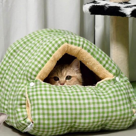 Cat house - Cat basket - Plush and warm - Removable and washable - Closed cat bed for winter - Suitable for indoor and outdoor use in winter, camping, traveling, in the bedroom, living room and apartment - Green and white checkered