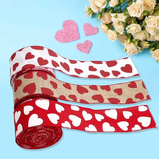 Valentine's Day Ribbons - 3 Rolls - Handmade Ribbons - Heart Pattern - Natural Texture - Suitable for wrapping flowers and party decorations （1m）