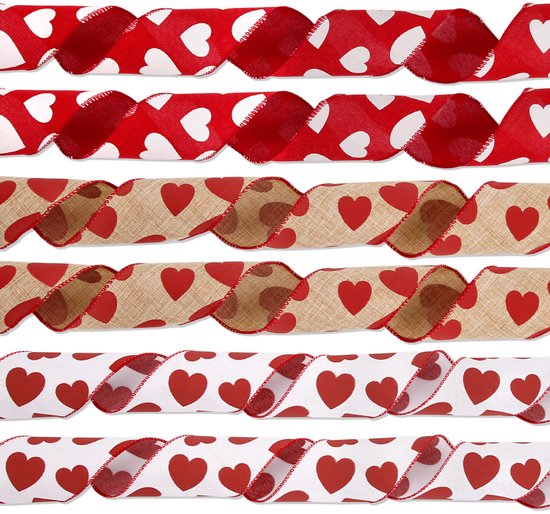 Valentine's Day Ribbons - 3 Rolls - Handmade Ribbons - Heart Pattern - Natural Texture - Suitable for wrapping flowers and party decorations （1m）