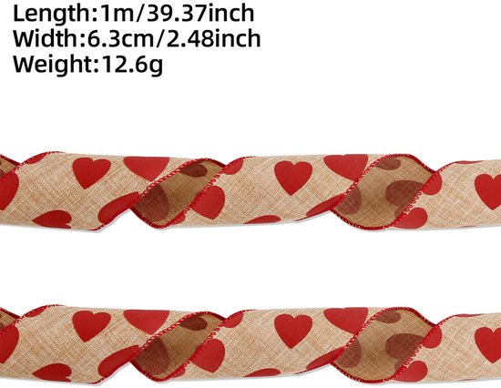 Valentine's Day Ribbons - 3 Rolls - Handmade Ribbons - Heart Pattern - Natural Texture - Suitable for wrapping flowers and party decorations （1m）