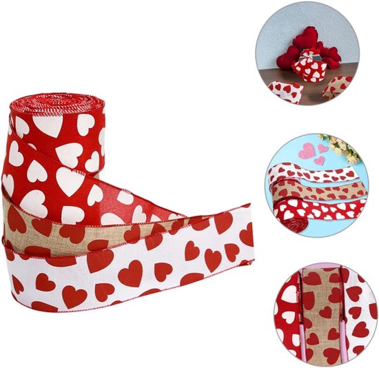 Valentine's Day Ribbons - 3 Rolls - Handmade Ribbons - Heart Pattern - Natural Texture - Suitable for wrapping flowers and party decorations （4m）
