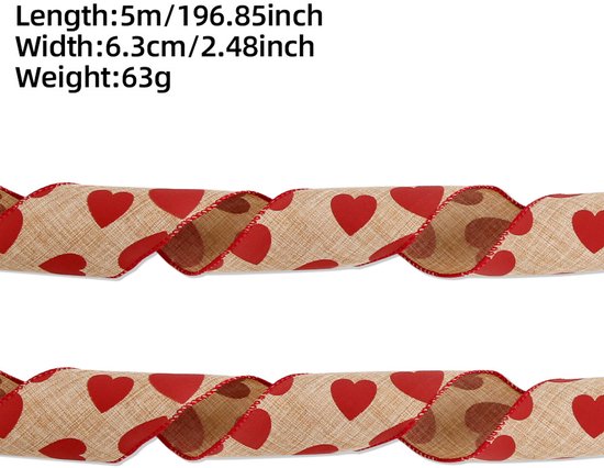 Valentine's Day Ribbons - 3 Rolls - Handmade Ribbons - Heart Pattern - Natural Texture - Suitable for Wrapping Flowers and Party Decorations （5m）