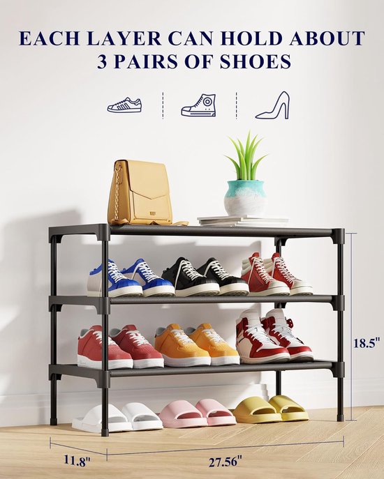 Shoe Rack - 3-Tier Storage Rack - Stackable - 27.5 Inch Wide - Black