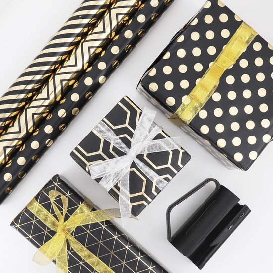 Wrapping Paper Set - 6 Rolls Gold & Black Christmas - Includes Ribbon & Stickers - 43x300 cm Per Roll