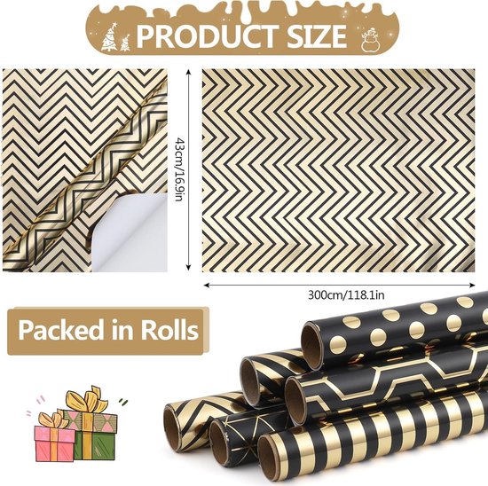 Wrapping Paper Set - 6 Rolls Gold & Black Christmas - Includes Ribbon & Stickers - 43x300 cm Per Roll