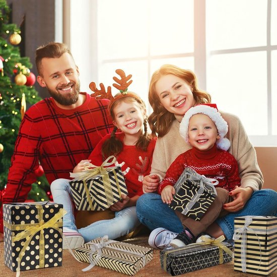 Wrapping Paper Set - 6 Rolls Gold & Black Christmas - Includes Ribbon & Stickers - 43x300 cm Per Roll