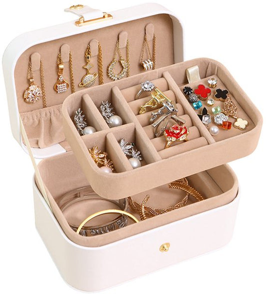 Travel Jewelry Case - 2 Layers with Velvet & Detachable Compartments - For Necklaces, Earrings & Bracelets - White