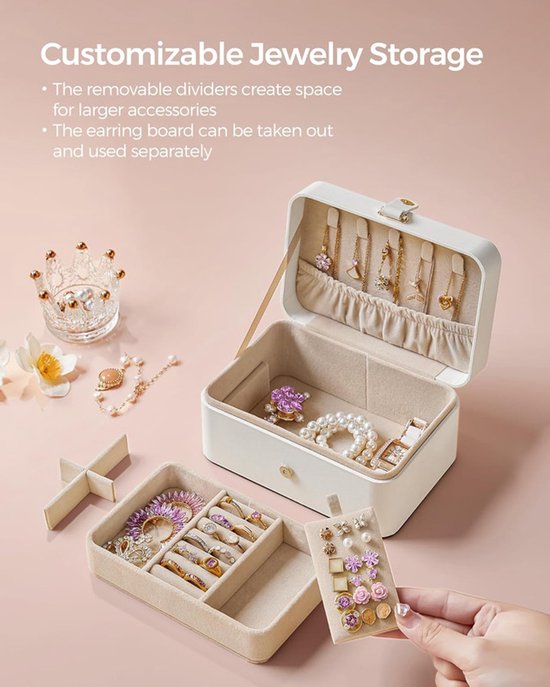 Travel Jewelry Case - 2 Layers with Velvet & Detachable Compartments - For Necklaces, Earrings & Bracelets - White