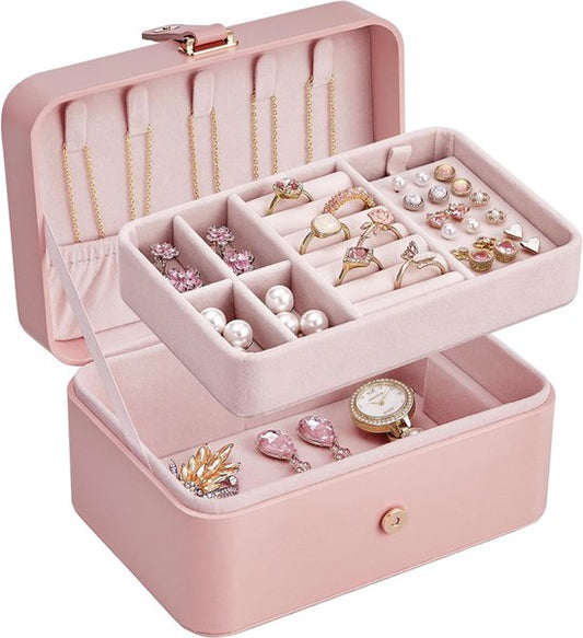 Travel Jewelry Case - 2 Layers with Velvet & Detachable Compartments - For Necklaces, Earrings & Bracelets - Pink